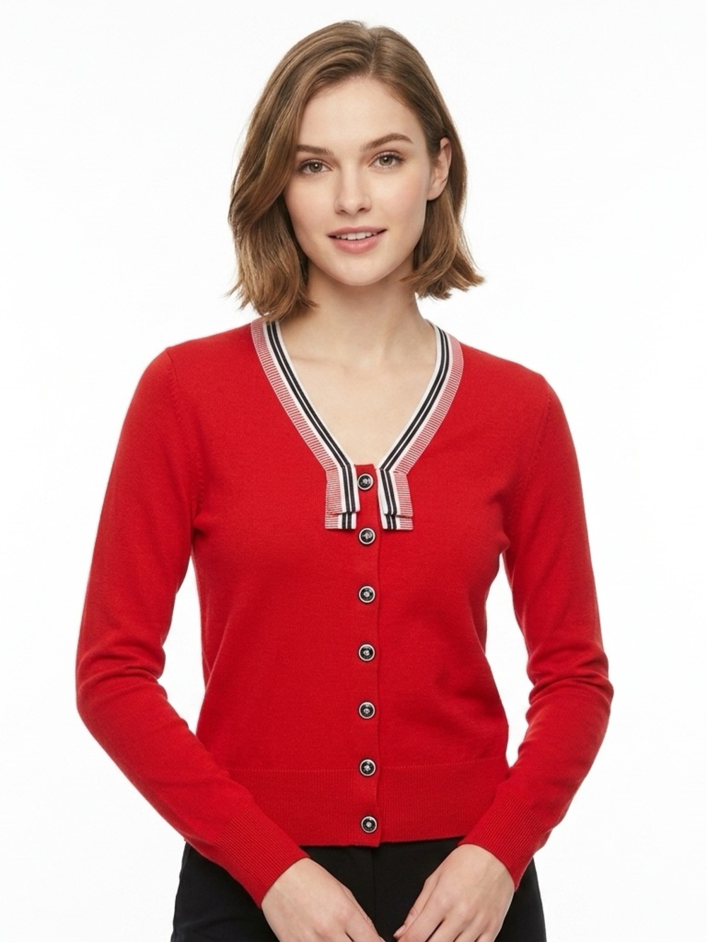 Anthropologie HWR Red with Black & White stripes trim sweater (Medium)